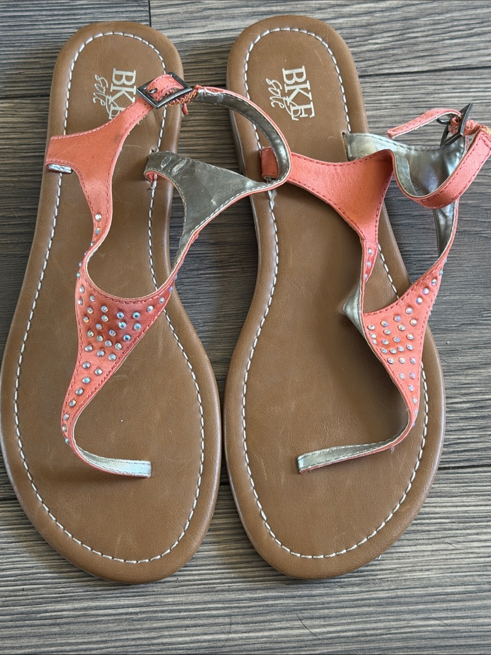 Buckle Coral T-Strap Sandals with Rhinestones